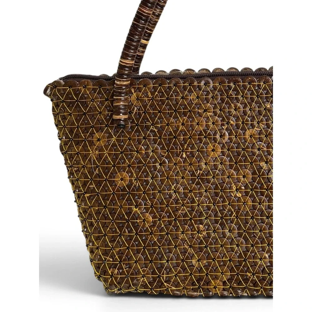 Y2K Handmade Coconut Shell Beaded Boho Handbag Artisan Crafted Brown Tote Purse
